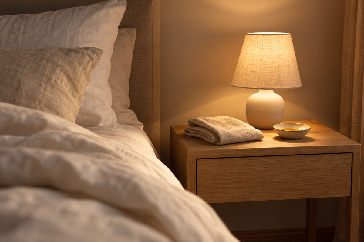 Ein Nachttisch bei Nacht mit einer gedimmten Lampe, einem gefalteten Leinentuch und einem kleinen Keramikschälchen mit goldenem Öl, daneben weiche weiße Bettwäsche