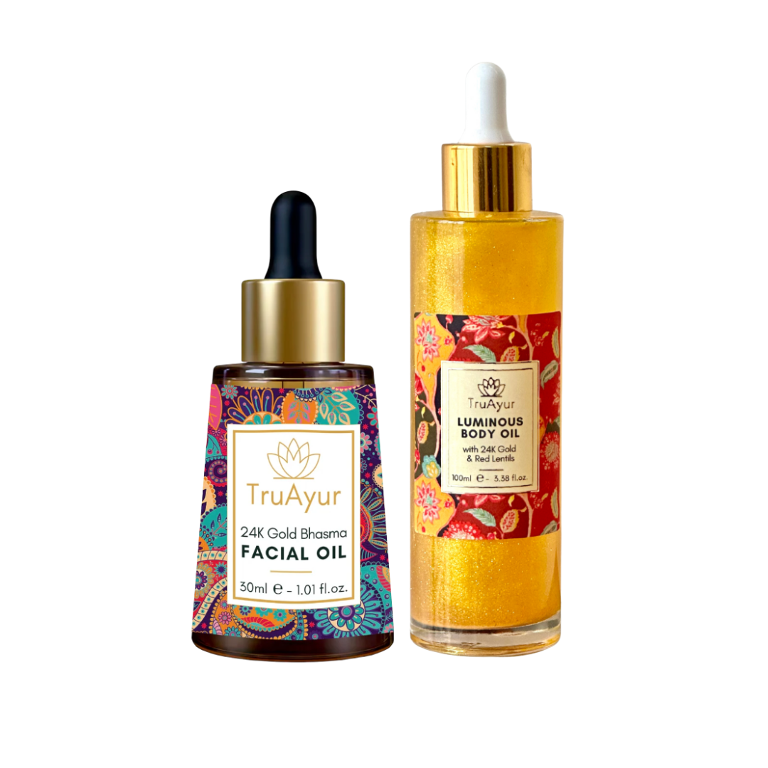 24K Gold Ayurvedisches Strahlkraft-Ritual (24K Gold Anti-Pigment-Gesichtsöl und Körperöl)