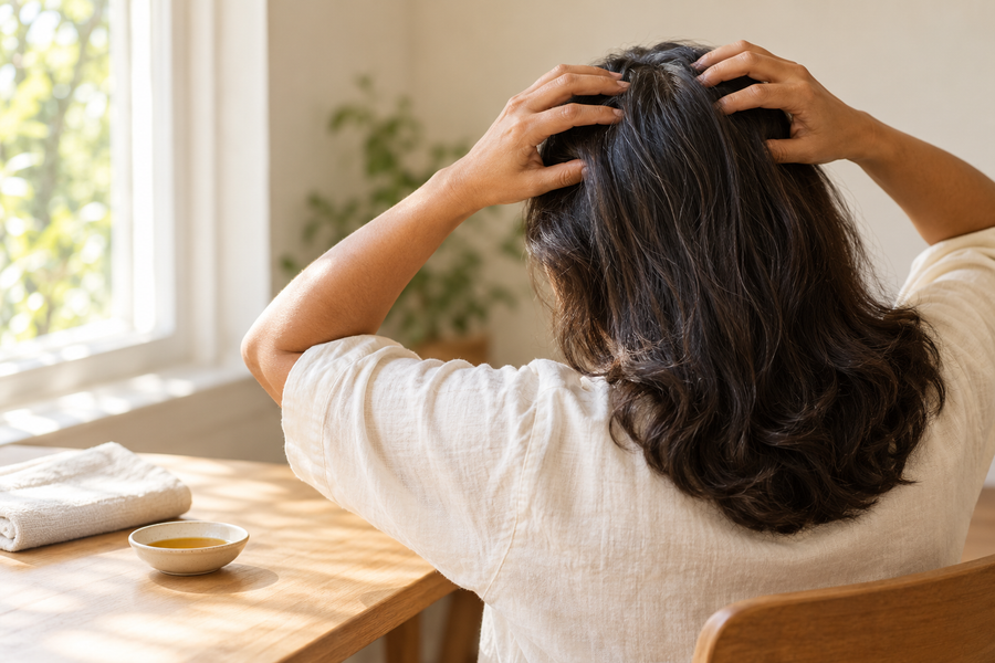 Eine Frau, von hinten gesehen, massiert ihre Kopfhaut mit den Fingerspitzen, neben ihr auf dem Tisch ein kleines Schälchen Haaröl