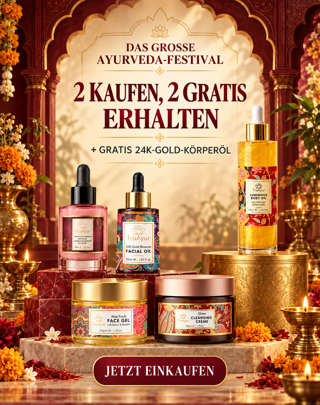 TruAyur-Aktion: 2 kaufen, 2 gratis erhalten + 24K-Gold-Körperöl geschenkt