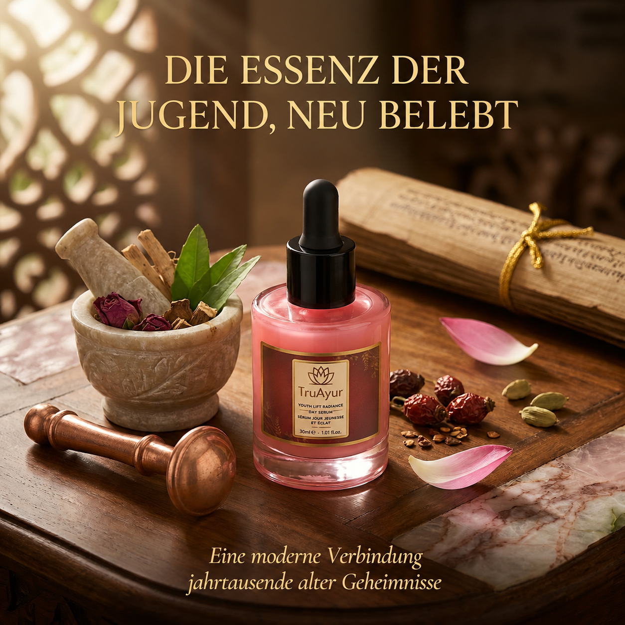 8-Kräuter Ayurvedisches Radiance-Tagesserum mit Syn-Ake-Peptid für intensive Feuchtigkeitsversorgung, ganztägige Ausstrahlung und sichtbare Straffung.