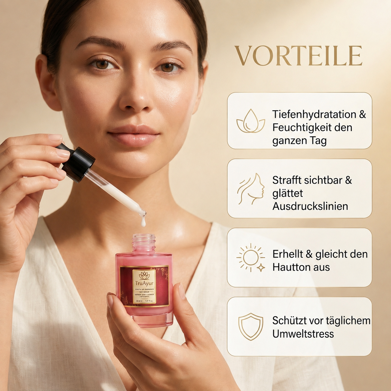 8-Kräuter Ayurvedisches Radiance-Tagesserum mit Syn-Ake-Peptid für intensive Feuchtigkeitsversorgung, ganztägige Ausstrahlung und sichtbare Straffung.