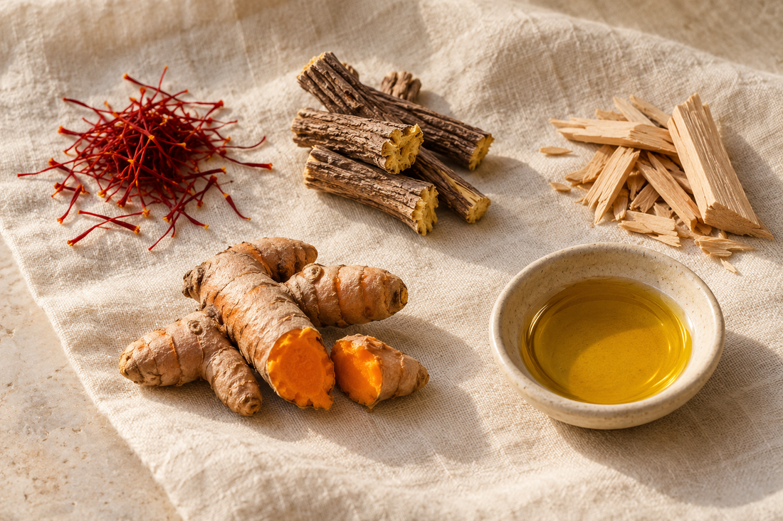 Safranfäden, geschnittene Süßholzwurzel, Sandelholzspäne und frische Kurkumawurzel neben einem kleinen Schälchen mit goldenem Öl