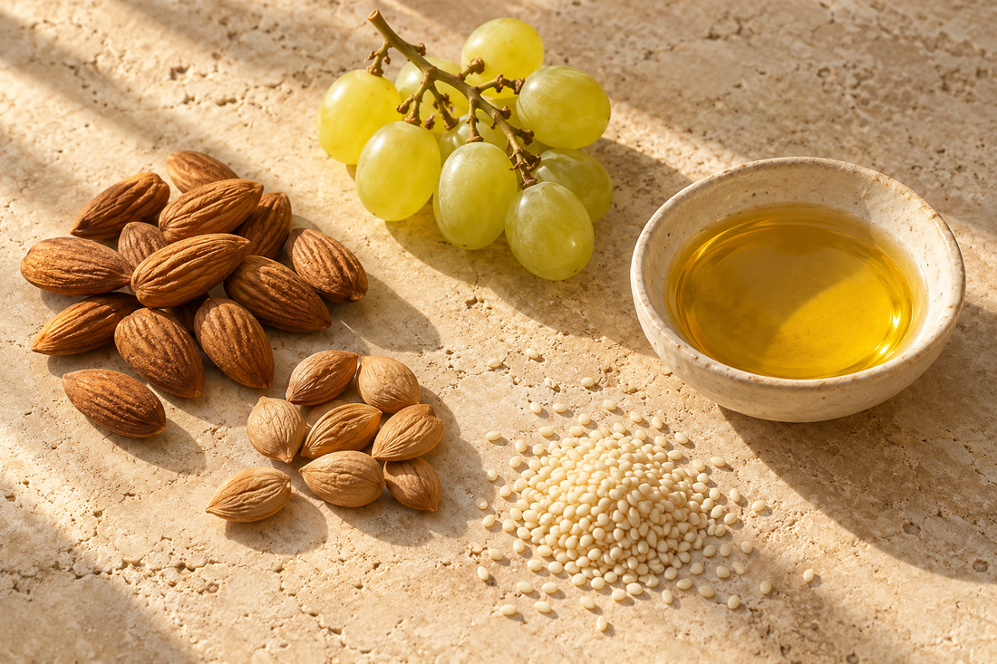 Ganze Mandeln, Aprikosenkerne, Sesamsamen und ein kleiner Zweig grüner Weintrauben neben einem flachen Keramikschälchen mit goldenem Öl
