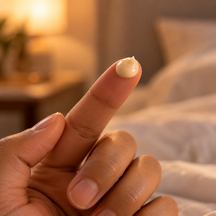 Eine erbsengroße Menge Nachtcreme auf einer Fingerspitze